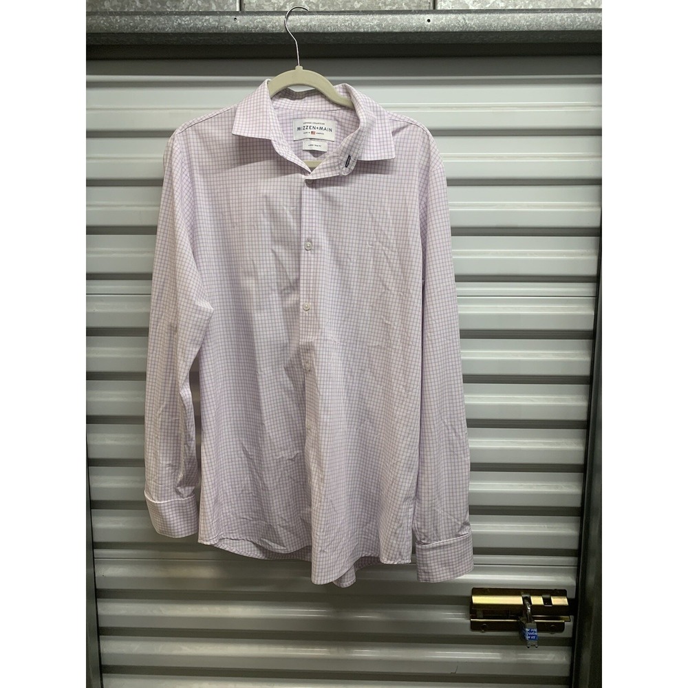 Mizzen Main Mens Dress Shirt Purple Check Plaid Button Up Large Trim Fit